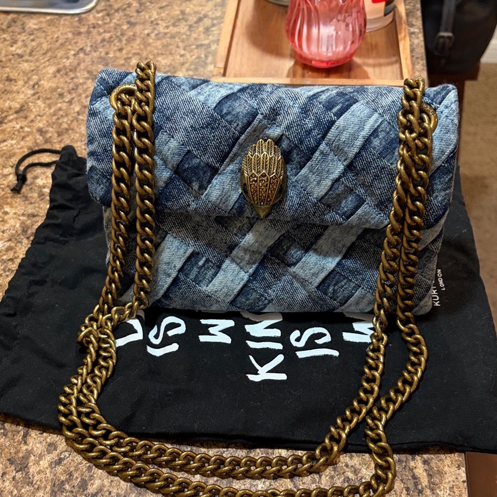 Kurt Geiger Denim Quilted Crossbody with Brass Accents